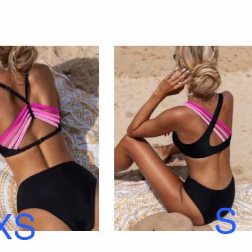 2 SHEIN Black Bikini with Bright Pink Multi-Strap Back swimsuits XS & S! 2 for 1